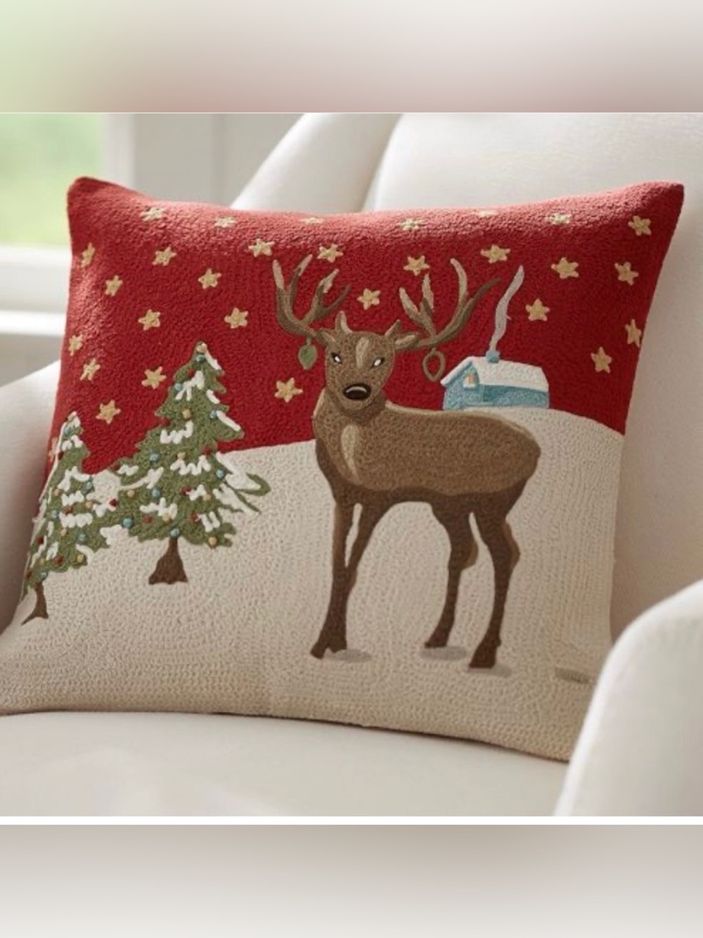 Pottery Barn Crewel Embroidered Deer Pillow Cover Christmas Holiday